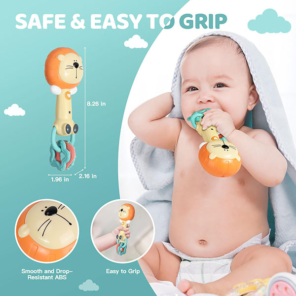 عکسی از یک نوزاد و جغجغه موزیکال و دندانگیر مدل شیر